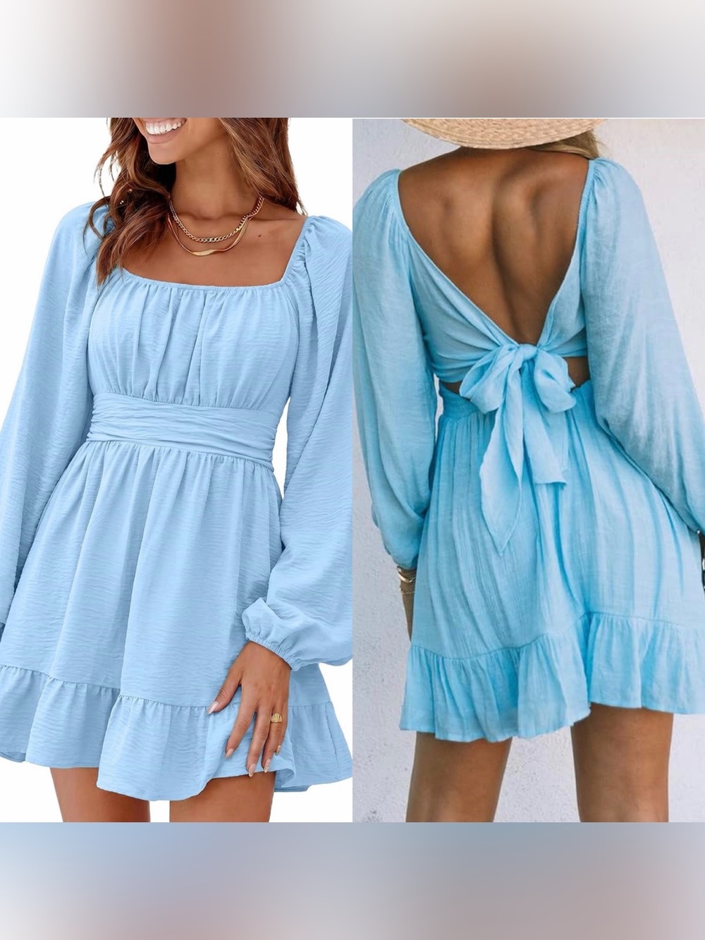 Dokotoo Womens Dress Lantern Sleeve Elastic Waist Tie Backless Mini Dress